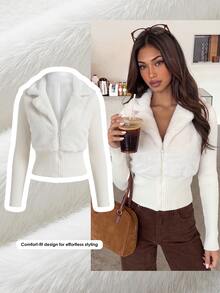 Comfortcana Women's Autumn/Winter Casual Patchwork Faux Fur Jacket Winter Clothes Winter Clothes 2000s Style Work Tops - White - View 9