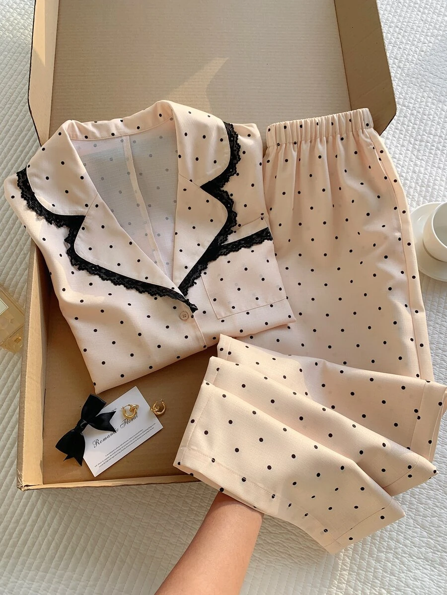 Comfortcana Women's Polka Dot Long Sleeve Top And Pants Casual Daily 2 Pieces Set 2000s Style