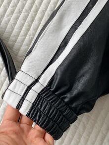 Comfortcana Winter Mob Wife Aesthetic Faux Leather Jacket Frog Button Side Stripe New Chinese Style - Black - View 11