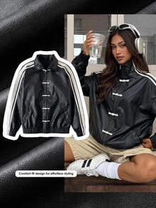 Comfortcana Winter Mob Wife Aesthetic Faux Leather Jacket Frog Button Side Stripe New Chinese Style - Black - View 10