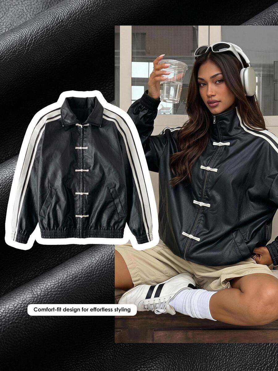Comfortcana Winter Mob Wife Aesthetic Faux Leather Jacket Frog Button Side Stripe New Chinese Style - Black - View 1
