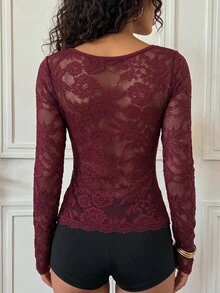 IslaSuriya Women's Lace Patchwork Long Sleeve Top - Burgundy - View 2