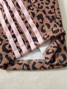 SHEIN Playful Pals Girls' Corduroy Leopard Print Contrast Color Webbing Trim Minimalist Fashion Long Pants - Brown - View 5