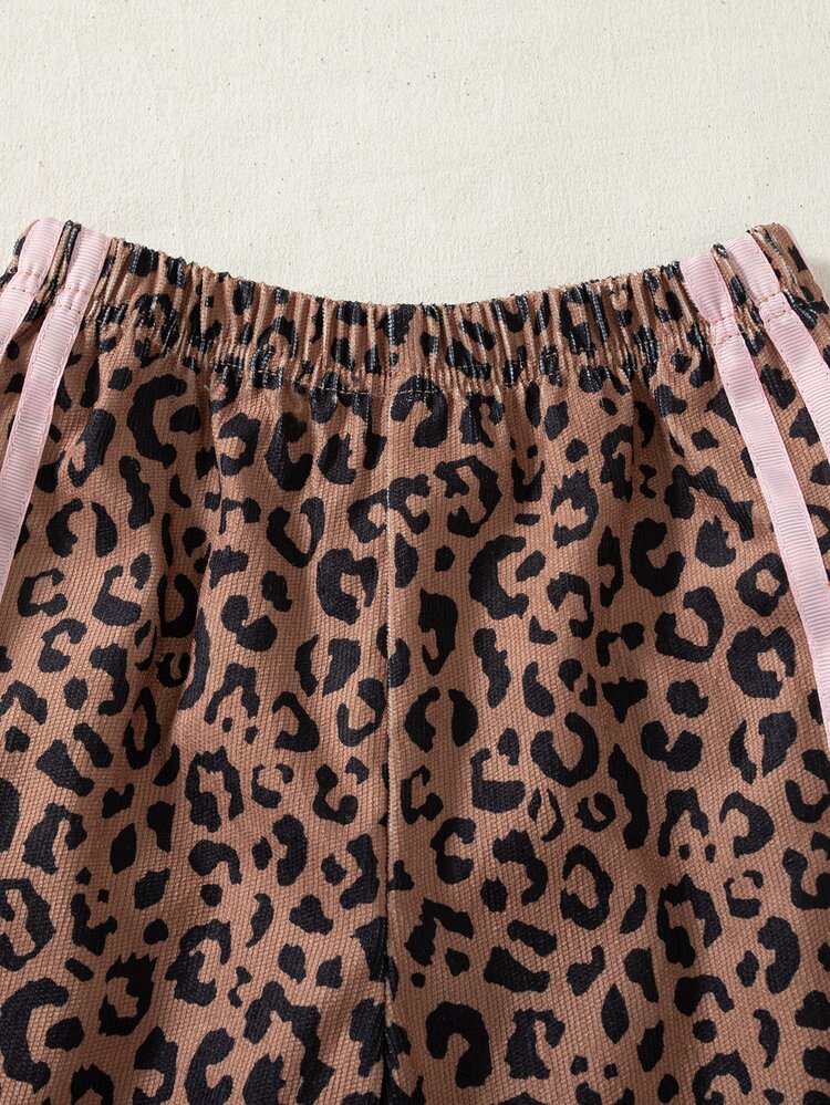 SHEIN Playful Pals Girls' Corduroy Leopard Print Contrast Color Webbing Trim Minimalist Fashion Long Pants - Brown - View 5