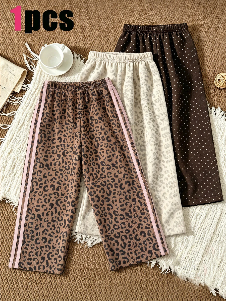 SHEIN Playful Pals Girls' Corduroy Leopard Print Contrast Color Webbing Trim Minimalist Fashion Long Pants