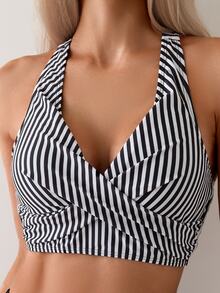 SHEIN Swim Sọc Áo bikini dây đeo cổ Cho mùa hè Kỳ nghỉ - Đen và trắng - Xem 4