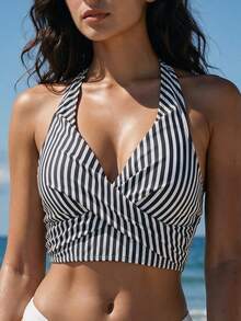 SHEIN Swim Sọc Áo bikini dây đeo cổ Cho mùa hè Kỳ nghỉ - Đen và trắng - Xem 1