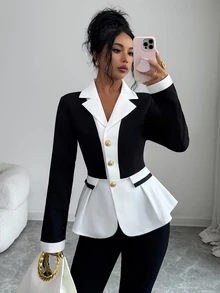 Elenzga Two Tone Lapel Neck Peplum Blazer - Black and White - View 6