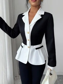Elenzga Two Tone Lapel Neck Peplum Blazer - Black and White - View 3
