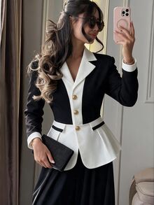 Elenzga Two Tone Lapel Neck Peplum Blazer - Black and White - View 1