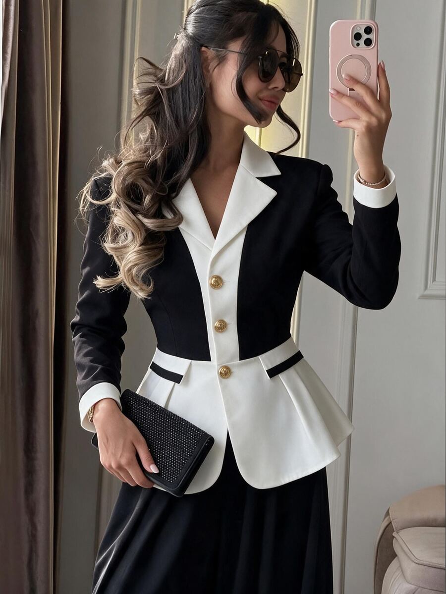 Elenzga Two Tone Lapel Neck Peplum Blazer - Black and White - View 1
