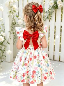 Girls' Elegant Floral Print Dress,Blue Butterfly,Summer,Fairy,7th Birthday,Round Neck Flutter Sleeve Hollow Back Bow Decor Ruffle Hem Casual Fashion - Red - View 4
