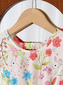 Girls' Elegant Floral Print Dress,Blue Butterfly,Summer,Fairy,7th Birthday,Round Neck Flutter Sleeve Hollow Back Bow Decor Ruffle Hem Casual Fashion - Red - View 8