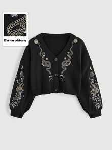 ROMWE Carnival Party Casual Graphic Black Gothic Dark Mysterious Plant Snake Pattern Embroidery Loose Knit Cardigan - Black - View 9