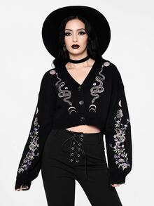 ROMWE Carnival Party Casual Graphic Black Gothic Dark Mysterious Plant Snake Pattern Embroidery Loose Knit Cardigan - Black - View 6