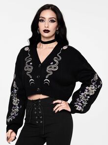 ROMWE Carnival Party Casual Graphic Black Gothic Dark Mysterious Plant Snake Pattern Embroidery Loose Knit Cardigan - Black - View 4