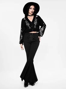 ROMWE Carnival Party Casual Graphic Black Gothic Dark Mysterious Plant Snake Pattern Embroidery Loose Knit Cardigan - Black - View 3