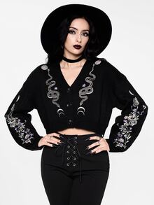 ROMWE Carnival Party Casual Graphic Black Gothic Dark Mysterious Plant Snake Pattern Embroidery Loose Knit Cardigan - Black - View 1