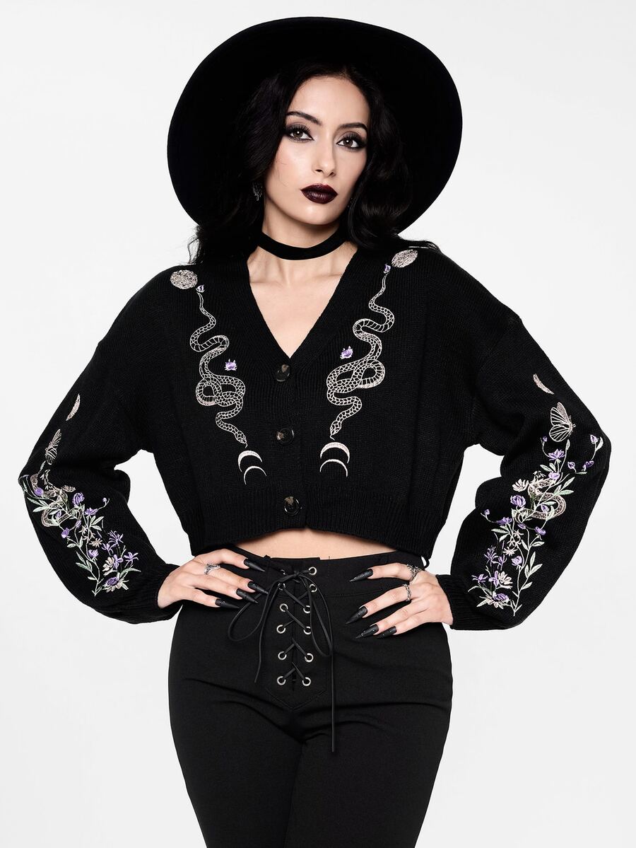 ROMWE Carnival Party Casual Graphic Black Gothic Dark Mysterious Plant Snake Pattern Embroidery Loose Knit Cardigan - Black - View 1