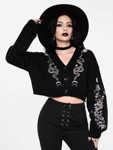 ROMWE Carnival Party Casual Graphic Black Gothic Dark Mysterious Plant Snake Pattern Embroidery Loose Knit Cardigan - Black - View 8