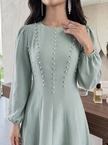 Feyla Women's Faux Pearl Decor Casual Party Long Dress - Green - View 2