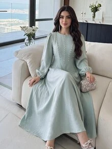 Feyla Women's Faux Pearl Decor Casual Party Long Dress - Green - View 5