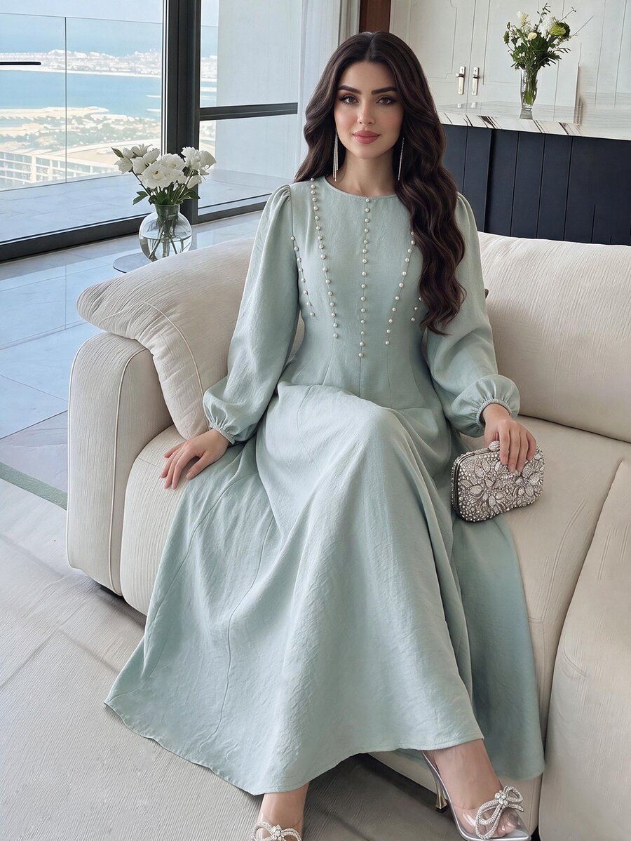 Feyla Women's Faux Pearl Decor Casual Party Long Dress - Green - View 1