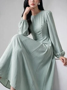 Feyla Women's Faux Pearl Decor Casual Party Long Dress - Green - View 1