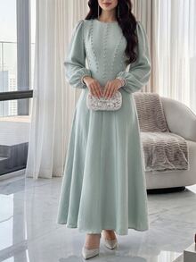 Feyla Women's Faux Pearl Decor Casual Party Long Dress - Green - View 6