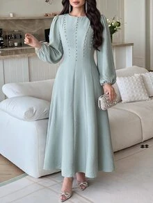 Feyla Women's Faux Pearl Decor Casual Party Long Dress - Green - View 4