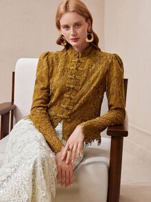 SHEIN Women's Knitted Lace Slightly Elastic Fabric Slim Fit Handmade Frog Button Decoration Hollow Out Design Elegant Date Blouse - Mustard Yellow - View 3