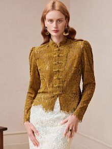 SHEIN Women's Knitted Lace Slightly Elastic Fabric Slim Fit Handmade Frog Button Decoration Hollow Out Design Elegant Date Blouse - Mustard Yellow - View 7
