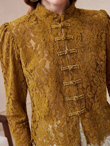 SHEIN Women's Knitted Lace Slightly Elastic Fabric Slim Fit Handmade Frog Button Decoration Hollow Out Design Elegant Date Blouse - Mustard Yellow - View 9
