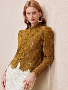 SHEIN Women's Knitted Lace Slightly Elastic Fabric Slim Fit Handmade Frog Button Decoration Hollow Out Design Elegant Date Blouse - Mustard Yellow - View 5