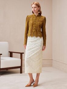 SHEIN Women's Knitted Lace Slightly Elastic Fabric Slim Fit Handmade Frog Button Decoration Hollow Out Design Elegant Date Blouse - Mustard Yellow - View 6