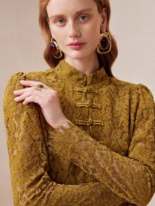 SHEIN Women's Knitted Lace Slightly Elastic Fabric Slim Fit Handmade Frog Button Decoration Hollow Out Design Elegant Date Blouse - Mustard Yellow - View 10