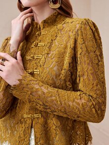SHEIN Women's Knitted Lace Slightly Elastic Fabric Slim Fit Handmade Frog Button Decoration Hollow Out Design Elegant Date Blouse - Mustard Yellow - View 4