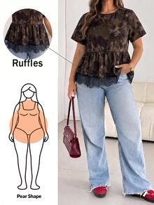 Shapeblank Blus Wanita Ukuran Besar Motif Bunga Leher Bulat Lengan Pendek dengan Hiasan Renda Kontras di Bagian Bawah - MultiWarna - View 4