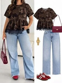 Shapeblank Blus Wanita Ukuran Besar Motif Bunga Leher Bulat Lengan Pendek dengan Hiasan Renda Kontras di Bagian Bawah - MultiWarna - View 5
