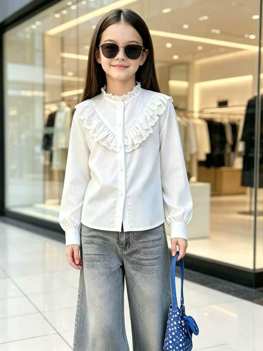 SHEIN 少女女孩白色優雅秋季校園風襯衫 - 白色 - 查看 1