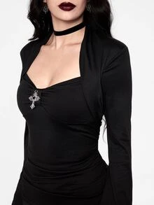 ROMWE Spring Casual Black Vintage Gothic Cross Pendant Solid Color Stretchy Long Sleeve T-Shirt For Women - Black - View 2