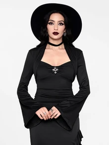 ROMWE Spring Casual Black Vintage Gothic Cross Pendant Solid Color Stretchy Long Sleeve T-Shirt For Women - Black - View 5