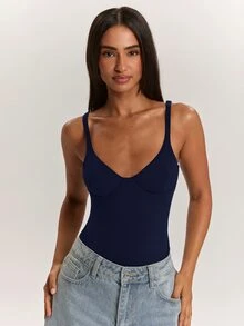 SHEIN BAE Women's Simple Versatile Fashion Bodysuit For Daily Wear - Navy Blue - View 1