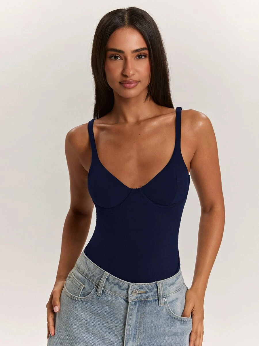 SHEIN BAE Women's Simple Versatile Fashion Bodysuit For Daily Wear - Navy Blue - View 1