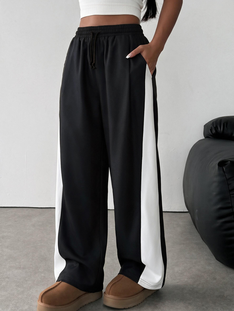 SHEIN Pantalones de chándal anchos con cordón y bolsillos, estilo casual holgado, color bloque negro & blanco, para adolescente chica, otoño/invierno - Blanco y Negro - Añade 5