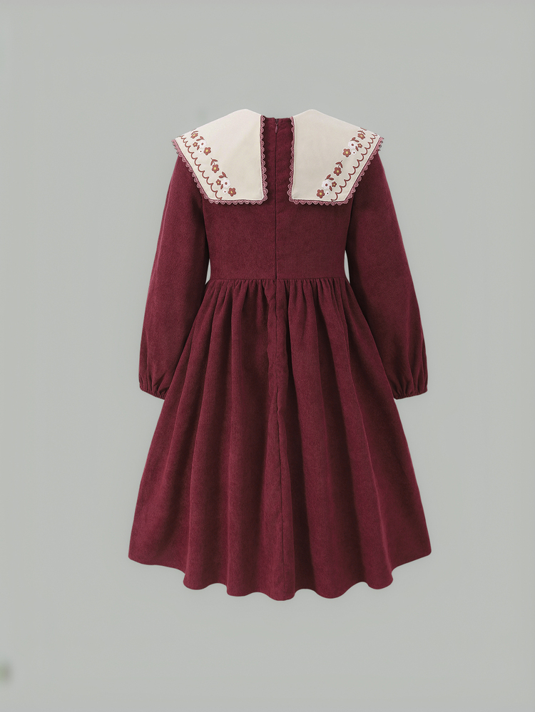 SHEIN Tween Girl Vintage Corduroy Long Sleeve Dress With Exquisite Large Collar And Floral Print, Bowknot Detail On Chest For Sweetness, Puff Sleeve Design, Cinched Waist And Full Skirt Silhouette, Soft And Comfortable Fabric, Burgundy Tone With Gentle Girly Vibe And Fine Craftsmanship - Burgundy - View 2