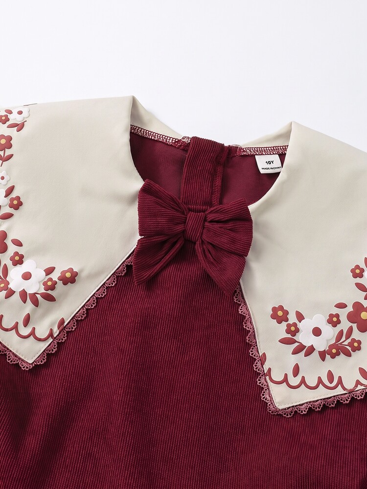 SHEIN Tween Girl Vintage Corduroy Long Sleeve Dress With Exquisite Large Collar And Floral Print, Bowknot Detail On Chest For Sweetness, Puff Sleeve Design, Cinched Waist And Full Skirt Silhouette, Soft And Comfortable Fabric, Burgundy Tone With Gentle Girly Vibe And Fine Craftsmanship - Burgundy - View 3