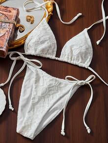 SHEIN Swim 女士蕾丝珍珠装饰露背系带性感比基尼套装，适合海滩度假 - 白色 - 查看 4