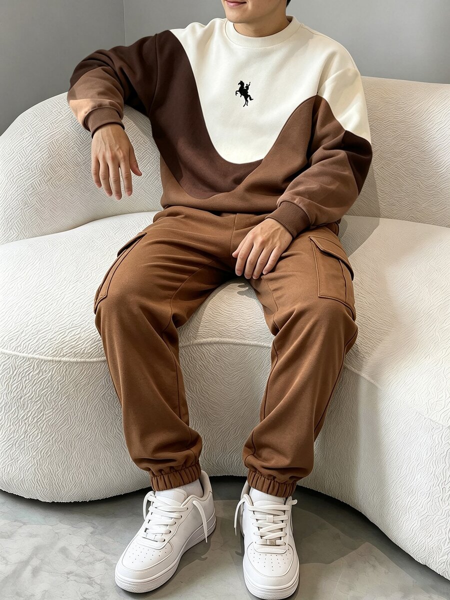 2件組青少年男孩時尚簡約舒適圓領衛衣與工裝褲套裝,街頭風圖案印花設計,適合假期派對聚會休閒舒適,5-15歲男孩春秋冬季首選,街頭休閒套裝,返校季,派對 - 彩色 - 查看 1
