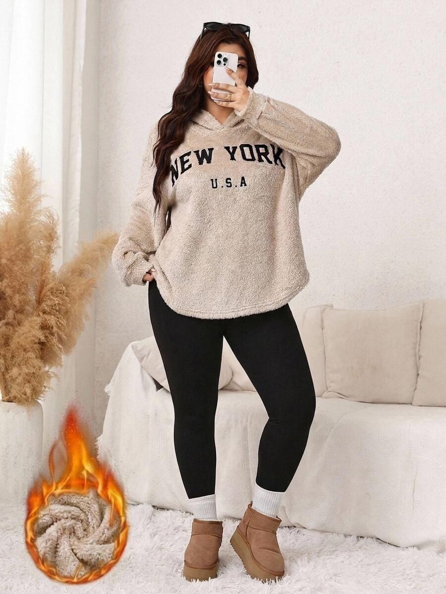 Comfylo Women Plus Size Hooded Letter Print Kindness & Black Pants Two Pieces Set Winter - Multicolor - View 1